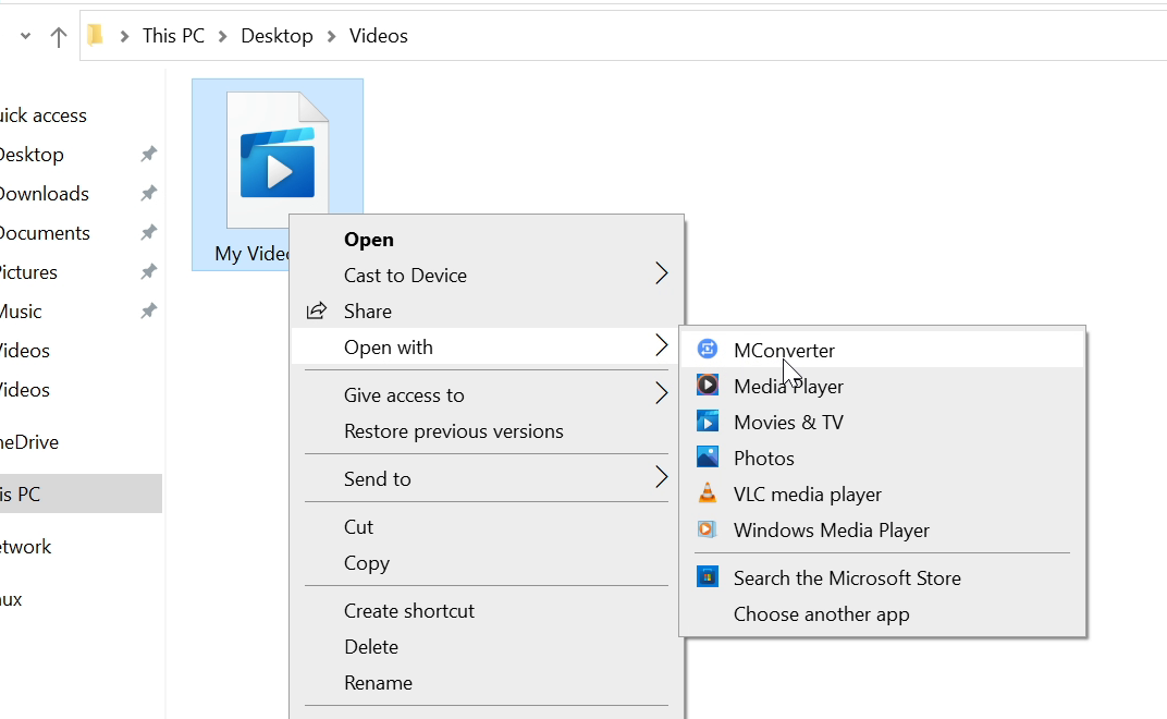 Right-click context menu on Windows 10, showing MConverter as an option